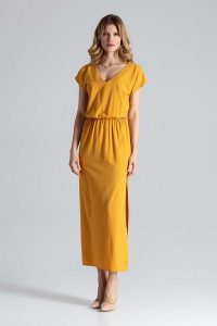 Musztardowa Sukienka Maxi z Dekoltem V. Pomarańczowe sukienki Figl, l, bez wzorów, z elastanu, wizytowe, bez kołnierzyka, bez ramiączek, maxi. Za 289,00 zł.