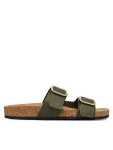 Tommy Hilfiger Klapki Leather Double Strap Cork Sandals FW0FW09118 Zielony. Zielone klapki TOMMY HILFIGER, bez wzorów, ze skóry, bez obcasa. Za 409,99 zł.