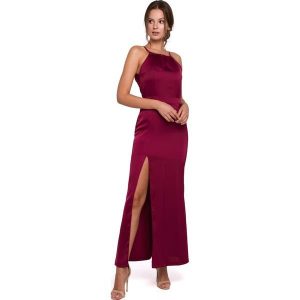 Bordowa Maxi Sukienka z Dekoltem Holter Neck. Czerwone sukienki MAKEOVER, l, bez wzorów, z elastanu, wizytowe, bez kołnierzyka, bez ramiączek, maxi. Za 224,90 zł.