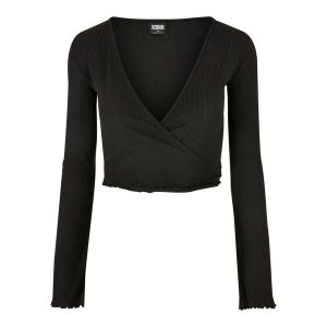 Crop Top Damski Prążkowana Kopertowy Z Długim Rękawem. Czarne topy Urban Classics, xl, bez wzorów, prążkowane, sportowe, bez kołnierzyka, bez ramiączek. Za 120,99 zł.