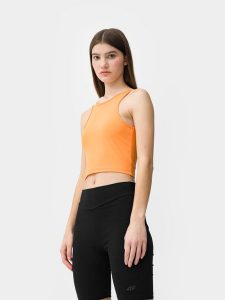 4F Crop top z wycięciem na plecach damski L. Brązowe topy 4f, l, bez wzorów, z dzianiny, bez kołnierzyka, bez ramiączek. W wyprzedaży za 29,99 zł.