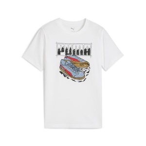 Młodzieżowa koszulka z grafiką sneakersów PUMA White. Biała bluzki Puma, m, bez wzorów, młodzieżowe, bez kołnierzyka, bez ramiączek. Za 99,99 zł.