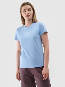 4F T-shirt slim z nadrukiem damski - niebieski XS. Niebieskie t-shirty 4f, xs, bez wzorów, z dzianiny, bez kołnierzyka, bez ramiączek. Za 29,99 zł.