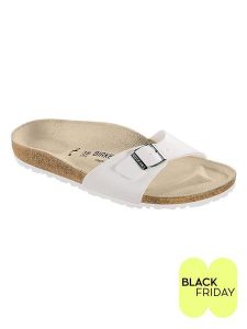 Birkenstock Klapki "Madrid" w kolorze białym rozmiar: 43. Białe klapki Birkenstock, bez wzorów, z otwartym noskiem, bez obcasa. Za 220,45 zł.