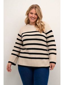 KAFFE curve Sweter w kolorze czarno-beżowym rozmiar: XL. Brązowe swetry oversize KAFFE curve, xl, bez wzorów, ze splotem, bez ramiączek. Za 96,60 zł.