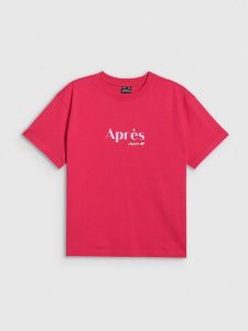 4F T-shirt boxy z nadrukiem damski - czerwony XS. Czerwone t-shirty 4f, xs, bez wzorów, z bawełny, bez kołnierzyka, bez ramiączek. Za 69,99 zł.