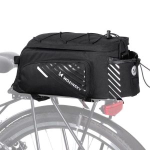 Torba rowerowa na bagażnik Wozinsky wodoodporna 9 L. Czarne torby podróżne i sportowe WOZINSKY, bez wzorów, z materiału, na ramię. Za 90,99 zł.
