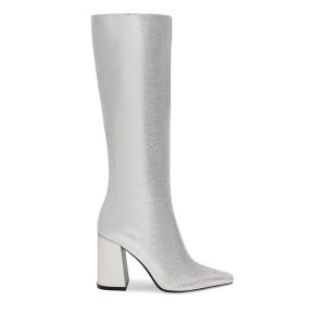 Kozaki Nine West. Szare kozaki Nine West, bez wzorów, bez obcasa, na słupku, bez zapięcia. Za 329,99 zł.