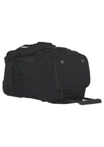 Torba sportowa na kółkach Erima Travel Line. Czarne torby podróżne i sportowe Erima, bez wzorów, z materiału. Za 299,99 zł.