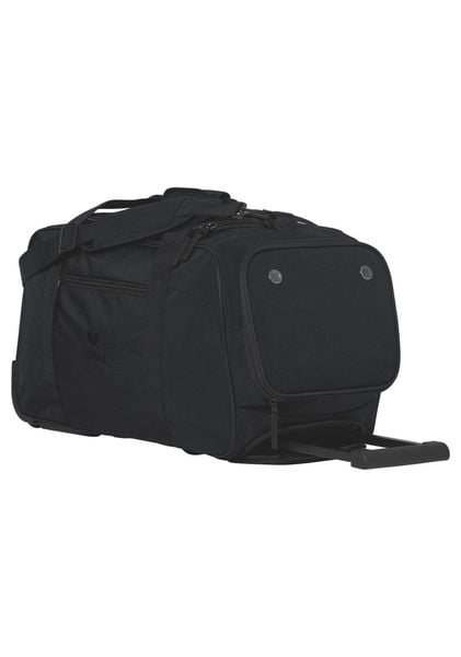 Torba sportowa na kółkach Erima Travel Line. Czarne torby podróżne i sportowe Erima, bez wzorów, z materiału. Za 299,99 zł.