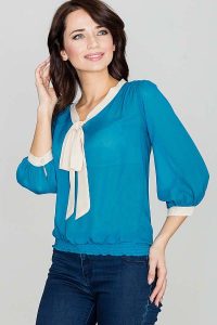 Stylowa Morska Bluzka z Kokardą Rękaw 3/4. Zielone bluzki SALE, xl, bez wzorów, z materiału, eleganckie, bez kołnierzyka, bez ramiączek. Za 149,00 zł.