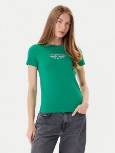 Guess Jeans T-Shirt W5YI04 J1314 Zielony Slim Fit. Zielone t-shirty Guess Jeans, xs, z aplikacjami, z bawełny, bez kołnierzyka, bez ramiączek. Za 79,99 zł.