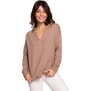 Efektowna Bluza z Wycięciem przy Dekolcie - Cappuccino. Czarne bluzy MOE, l, bez wzorów, z bawełny, bez kaptura. Za 204,90 zł.