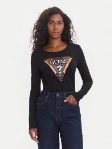 Guess Bluzka W5BI75 J1314 Czarny Regular Fit. Czarne bluzki Guess, s, z aplikacjami, z bawełny, bez kołnierzyka, bez ramiączek. Za 171,00 zł.