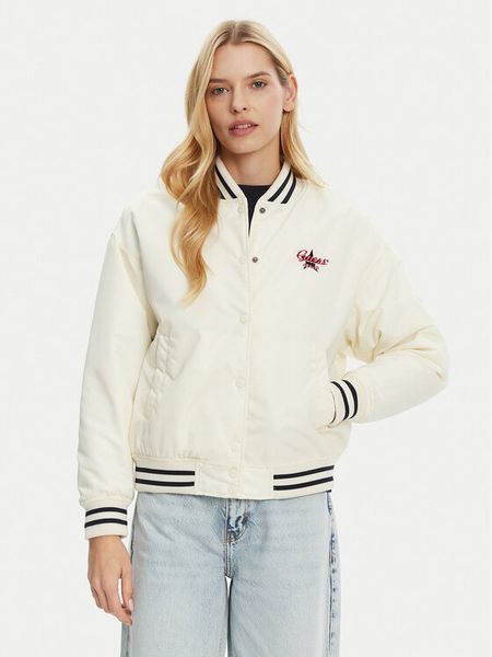 Guess Jeans Kurtka bomber W5RL43 WHAA2 Beżowy Regular Fit. Brązowe kurtki Guess Jeans, xxl, z aplikacjami, z jeansu, bez kaptura. Za 349,99 zł.