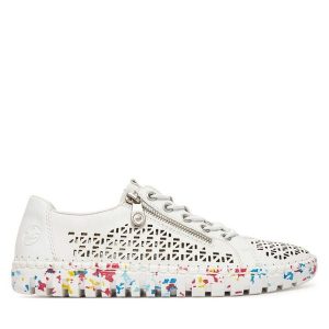 Półbuty Rieker. Białe półbuty Rieker, bez wzorów, bez obcasa, na płaskiej podeszwie, bez zapięcia. Za 239,99 zł.