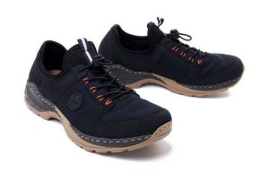 RIEKER M0564-14 blue, półbuty damskie. Niebieskie półbuty Rieker, bez wzorów, z gumy, bez obcasa, bez zapięcia. Za 359,90 zł.