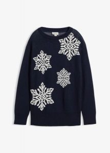 Sweter z okrągłym dekoltem i flokowanymi śnieżynkami. Niebieskie swetry klasyczne bonprix, na zimę, bez kołnierzyka. Za 99,99 zł.