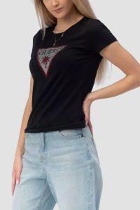 GUESS Czarny damski t-shirt z logo z cyrkoniami Triangle Rhinestones, Rozmiar XS. Czarne t-shirty Guess, xs, z aplikacjami, bez kołnierzyka, bez ramiączek. Za 239,99 zł.