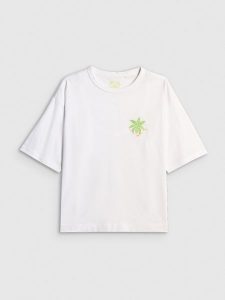 4F T-shirt boxy z nadrukiem damski - biały XS. Białe t-shirty 4f, xs, bez wzorów, z bawełny, bez kołnierzyka, bez ramiączek. Za 69,99 zł.