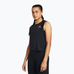 Top treningowy damski Under Armour Rush Energy Crop Tank black/white. Czarne topy Under Armour, bez wzorów, sportowe, bez kołnierzyka, bez ramiączek. Za 94,99 zł.