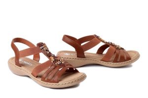 RIEKER 61850-24 brown, sandały damskie. Brązowe sandały Rieker, bez wzorów, bez obcasa, bez zapięcia. Za 255,92 zł.