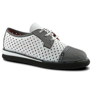 Półbuty damskie Lanqier, wykonane z materiału o otwartej ażurowej strukturze z kontrastowymi wzmocnieniami z klasycznym sznurowaniem, białe, 46C2339. Białe półbuty Lanqier, na lato, w ażurowe wzory, z materiału, z otwartym noskiem, bez obcasa, bez zapięcia. Za 229,00 zł.