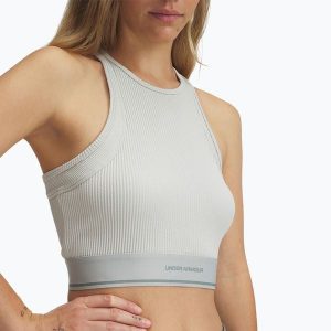 Top treningowy damski Under Armour Meridian Rib Branded Tank hydro. Zielone topy Under Armour, bez wzorów, bez kołnierzyka, bez ramiączek. Za 129,99 zł.