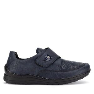 Półbuty Rieker. Niebieskie półbuty Rieker, bez wzorów, bez obcasa, na płaskiej podeszwie, bez zapięcia. Za 319,99 zł.