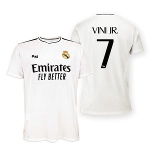Koszulka unisex kibica Realu Madryt 2024-25 premium, replika- Vini Jr.- 7. Białe bluzki REAL MADRID, xl, bez wzorów, sportowe, bez kołnierzyka, bez ramiączek. Za 274,30 zł.
