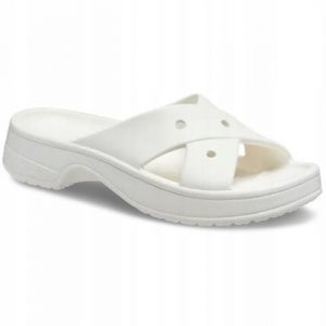 Klapki Dla Dorosłych Crocs Womens Cross Strap. Białe klapki Crocs, bez wzorów, z materiału, bez obcasa. Za 159,99 zł.