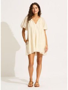 Seafolly Sukienka w kolorze kremowym rozmiar: S. Białe sukienki Seafolly, s, bez wzorów, z bawełny, bez kołnierzyka, bez ramiączek, mini. Za 149,31 zł.