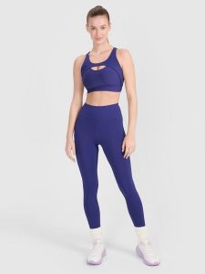 4F Legginsy treningowe z wysokim stanem damskie - granatowe XL. Niebieskie legginsy 4f, bez wzorów, z dzianiny, z podwyższonym stanem. W wyprzedaży za 99,99 zł.