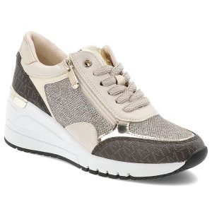Sneakersy damskie Marco Tozzi, na koturnie z okrągłym noskiem na zamek, beżowe, 2-23723-41-402-Cream-Comb. Brązowe czółenka Marco Tozzi, bez wzorów, z jeansu, z okrągłym noskiem, bez obcasa, na koturnie, bez zapięcia. Za 309,00 zł.