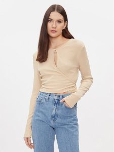 Calvin Klein Jeans Bluzka J20J222559 Beżowy Slim Fit. Brązowe bluzki Calvin Klein Jeans, m, bez wzorów, z jeansu, bez kołnierzyka, bez ramiączek. Za 129,99 zł.