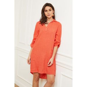 Fleur de Lin Lniana sukienka "Basta" w kolorze koralowym rozmiar: L. Czerwone sukienki Fleur de Lin, l, bez wzorów, ze lnu, bez kołnierzyka, bez ramiączek, mini. Za 143,99 zł.