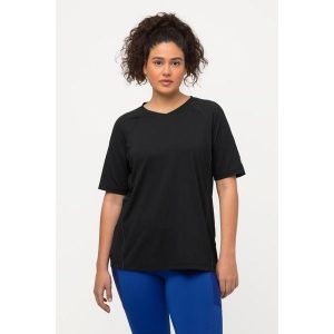 Damskie T-shirt ochrona UV 50+ dekolt w serek rękaw 1/2. Czarne t-shirty Ulla Popken, plus size, bez wzorów, z elastanu, bez kołnierzyka, plus size, bez ramiączek. Za 179,99 zł.