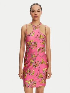 Versace Jeans Couture Sukienka koktajlowa 78HAO914 Różowy Slim Fit. Czerwone sukienki Versace Jeans Couture, bez wzorów, z jeansu, wizytowe, bez kołnierzyka, bez ramiączek. Za 599,00 zł.
