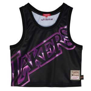 Damska koszulka crop Lakers big face 4.0. Czarne bluzki MITCHELL & NESS, bez wzorów, sportowe, bez kołnierzyka, bez ramiączek. Za 264,50 zł.
