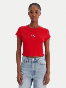 Calvin Klein Jeans T-Shirt LV047AB802 Czerwony Slim Fit. Czerwone t-shirty Calvin Klein Jeans, xl, bez wzorów, z bawełny, bez kołnierzyka, bez ramiączek. Za 209,99 zł.