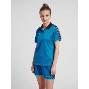 Damska koszulka polo Hummel hmlAUTHENTIC Functional. Niebieskie bluzki Hummel, l, bez wzorów, eleganckie, bez kołnierzyka, bez ramiączek. W wyprzedaży za 150,50 zł.