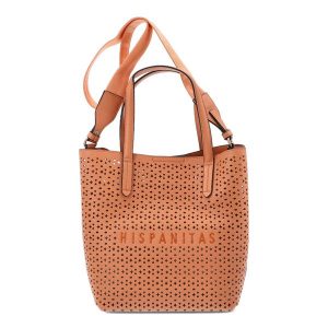 Pomarańczowa Ażurowa Damska Torebka Hispanitas. Brązowe shopper bag Hispanitas, w ażurowe wzory, ze skóry ekologicznej, na ramię, bez dodatków. Za 449,00 zł.