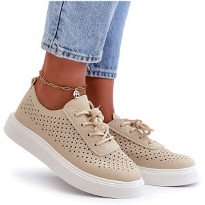 Ażurowe Trampki Sneakersy Na Platformie Beżowe Tanvi beżowy. Brązowe trampki w ażurowe wzory, ze skóry, bez zapięcia. Za 128,00 zł.