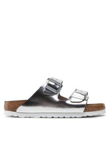 Birkenstock Klapki Arizona Metallic 1005961 Srebrny. Szare klapki Birkenstock, bez wzorów, ze skóry, bez obcasa. Za 329,99 zł.