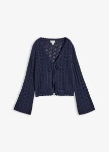 Kardigan w ażurowy wzór. Niebieskie kardigany bonprix. Za 129,99 zł.