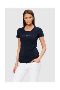 EMPORIO ARMANI Granatowy t-shirt z kryształkami. Niebieskie t-shirty Emporio Armani, s, bez wzorów, z bawełny, bez kołnierzyka, bez ramiączek. W wyprzedaży za 199,99 zł.