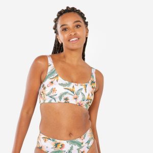 Góra kostiumu kąpielowego surfingowego damska Olaian Aurely Belly. Białe bikini OLAIAN, bez wzorów, z elastanu. Za 69,99 zł.