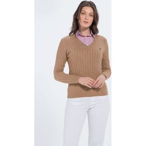 Sweter w kolorze jasnobrązowym. Długie swetry marki Jimmy Sanders. W wyprzedaży za 119,95 zł.
