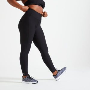 Legginsy fitness damskie Domyos. Czarne legginsy DOMYOS, bez wzorów, z elastanu, z podwyższonym stanem. Za 79,99 zł.