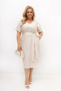 Sukienka lniano-bawełniana z cekinami Cama z paskiem | PLUS SIZE OVERSIZE LATO. Sukienki Moda Size Plus Iwanek, do pracy, na lato, l, z aplikacjami, z bawełny, biznesowe, bez kołnierzyka, plus size, bez ramiączek, midi, oversize. Za 329,90 zł.